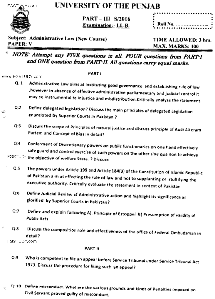 LLB Part 3 Administrative Law Past Paper 2016 Punjab University
