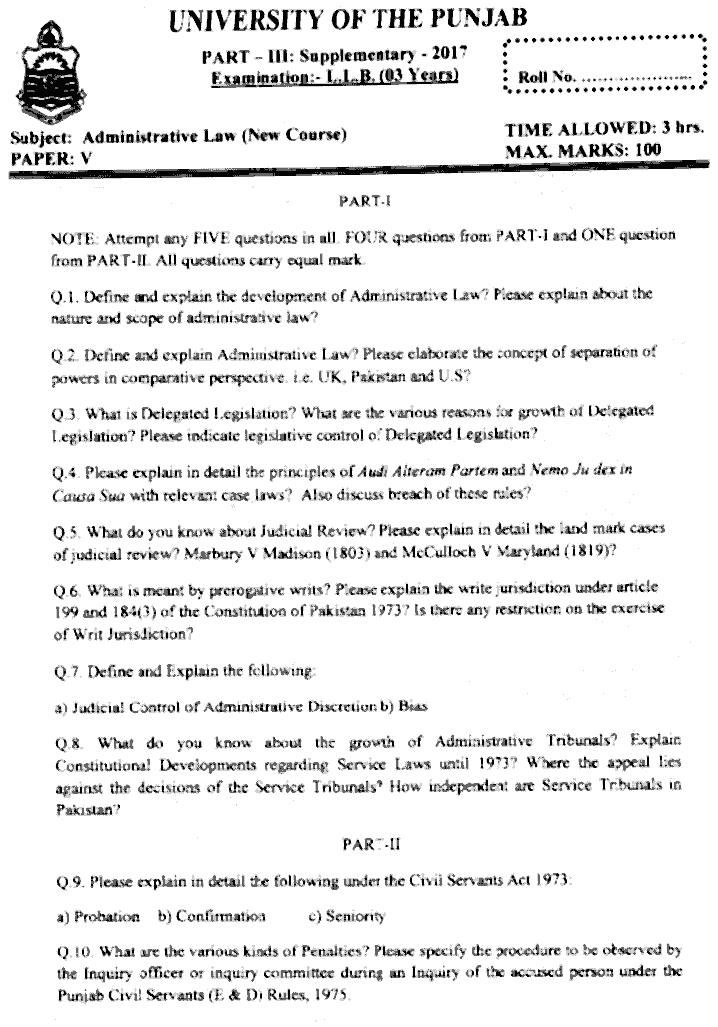 LLB Part 3 Administrative Law Past Paper 2017 Punjab University