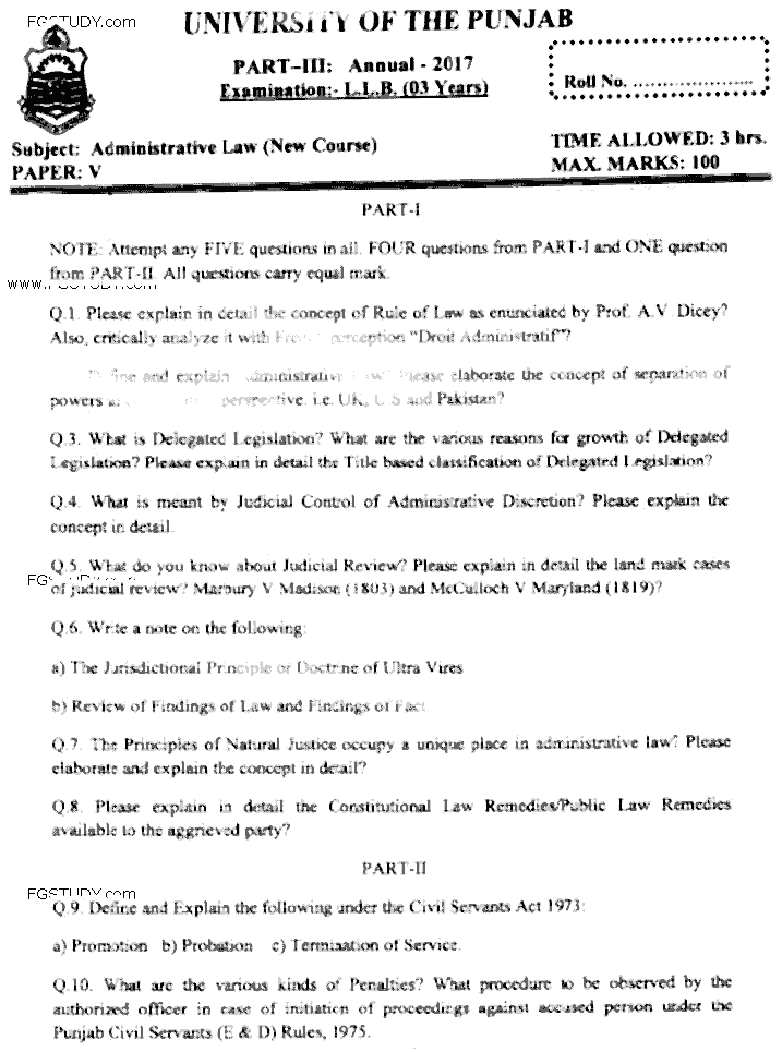 LLB Part 3 Administrative Law Past Paper 2017 Punjab University