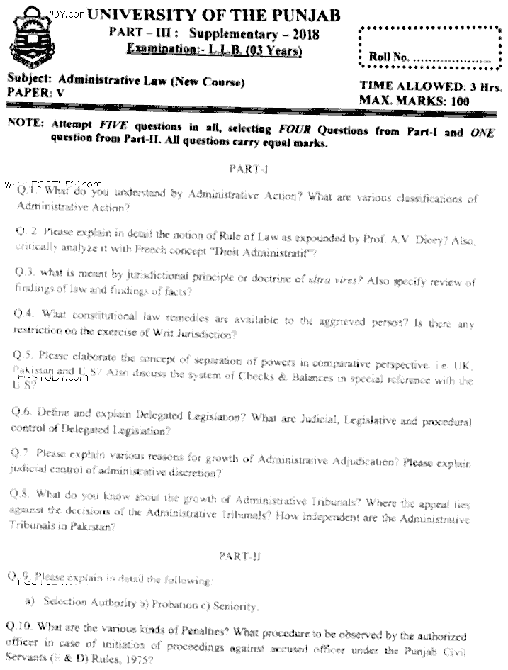 LLB Part 3 Administrative Law Past Paper 2018 Punjab University