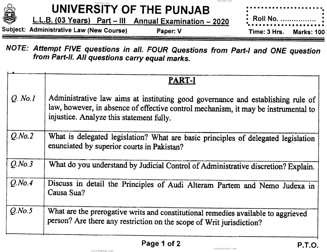 LLB Part 3 Administrative Law Past Paper 2020 Punjab University