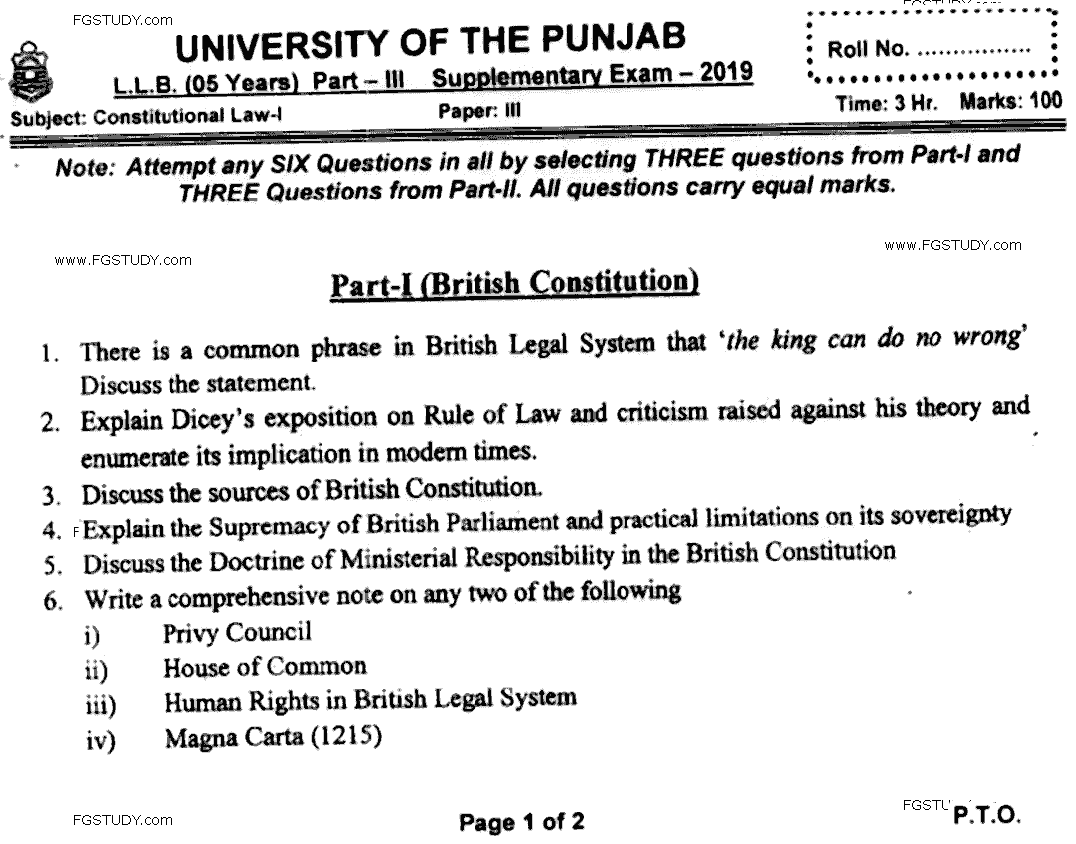 LLB Part 3 Constitutional Law 1 Past Paper 2019 Punjab University
