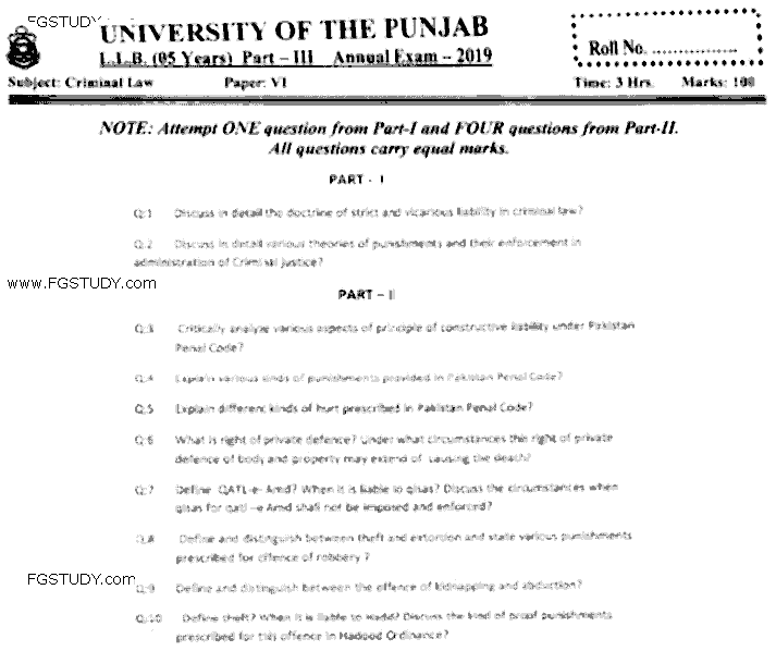 LLB Part 3 Criminal Law Past Paper 2019 Punjab University