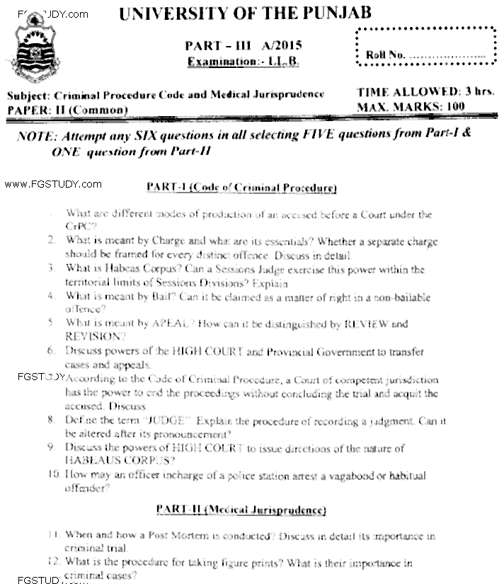 LLB Part 3 Criminal Procedure Code Medical Jurisprudence Past Paper 2015 Punjab University