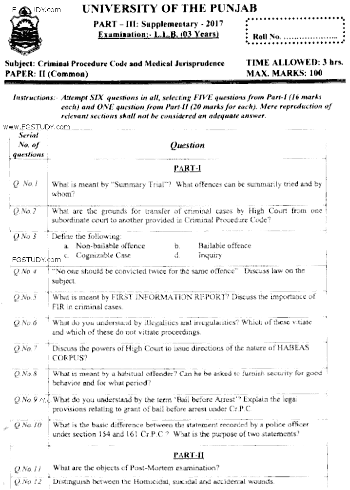 LLB Part 3 Criminal Procedure Code Medical Jurisprudence Past Paper 2017 Punjab University