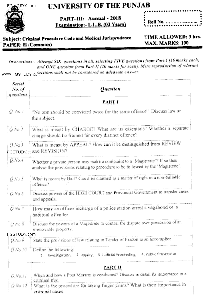 LLB Part 3 Criminal Procedure Code Medical Jurisprudence Past Paper 2018 Punjab University