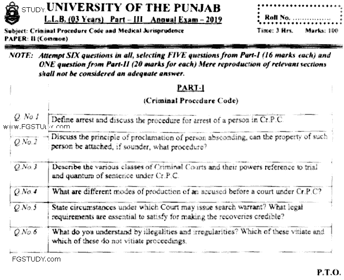 LLB Part 3 Criminal Procedure Code Medical Jurisprudence Past Paper 2019 Punjab University
