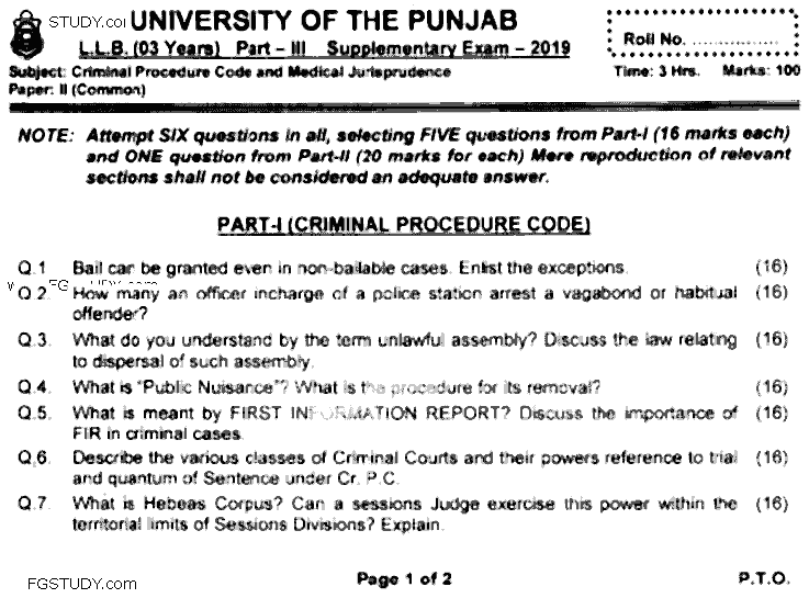 LLB Part 3 Criminal Procedure Code Medical Jurisprudence Past Paper 2019 Punjab University