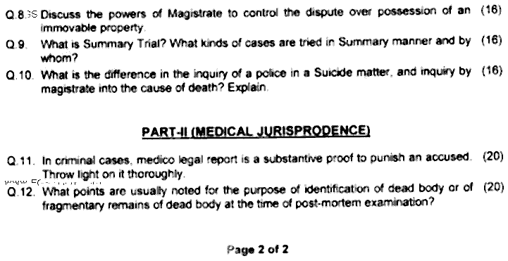 LLB Part 3 Criminal Procedure Code Medical Jurisprudence Past Paper 2019 Punjab University