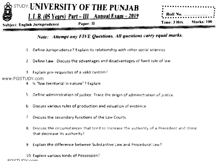 LLB Part 3 English Jurisprudence Past Paper 2019 Punjab University