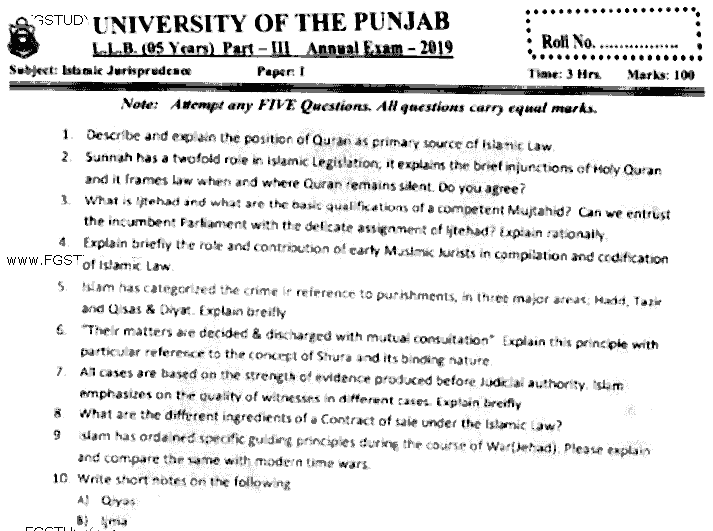 LLB Part 3 Islamic Jurisprudence Past Paper 2019 Punjab University