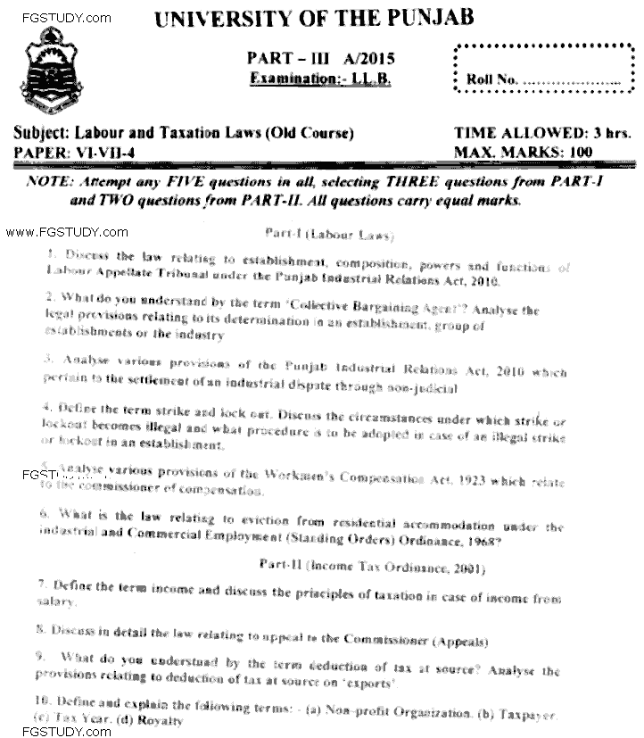 LLB Part 3 Labour Taxation Laws Past Paper 2015 Punjab University