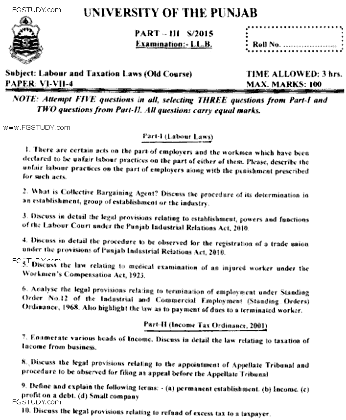 LLB Part 3 Labour Taxation Laws Past Paper 2015 Punjab University