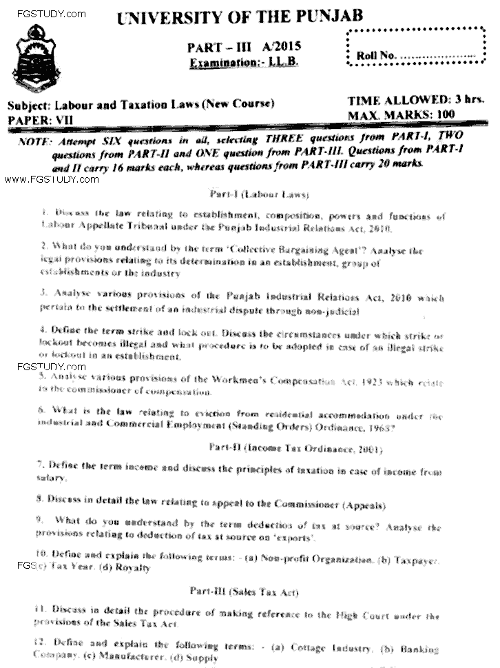 LLB Part 3 Labour Taxation Laws Past Paper 2015 Punjab University