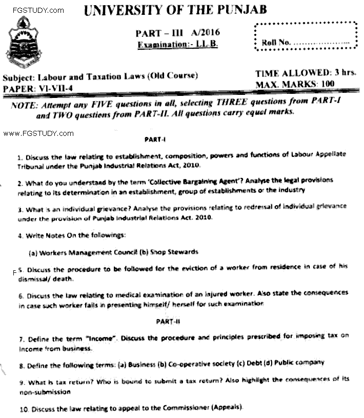 LLB Part 3 Labour Taxation Laws Past Paper 2016 Punjab University