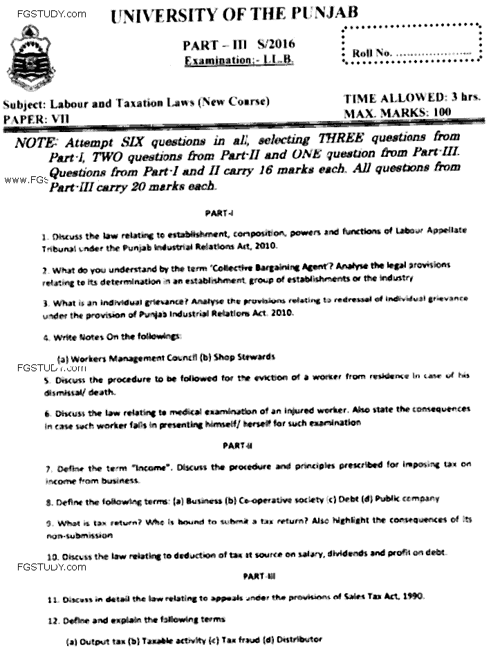 LLB Part 3 Labour Taxation Laws Past Paper 2016 Punjab University