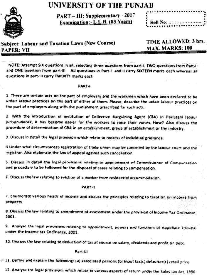 LLB Part 3 Labour Taxation Laws Past Paper 2017 Punjab University
