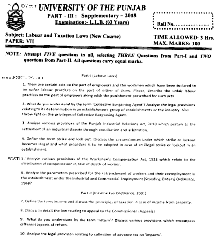 LLB Part 3 Labour Taxation Laws Past Paper 2018 Punjab University