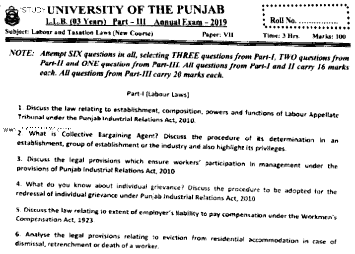 LLB Part 3 Labour Taxation Laws Past Paper 2019 Punjab University