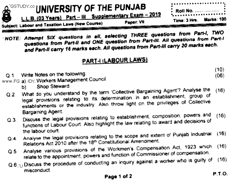 LLB Part 3 Labour Taxation Laws Past Paper 2019 Punjab University
