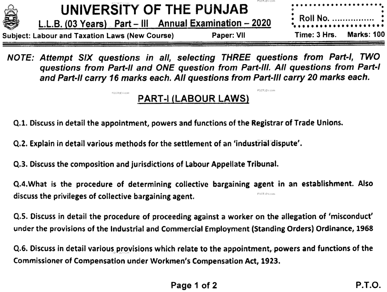 LLB Part 3 Labour Taxation Laws Past Paper 2020 Punjab University