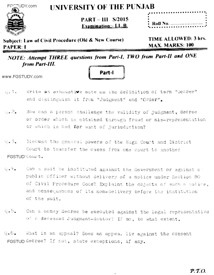 LLB Part 3 Law Of Civil Procedure Past Paper 2015 Punjab University