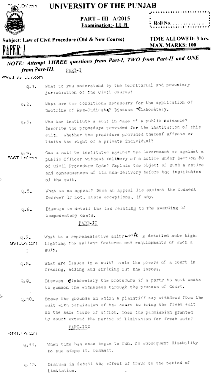 LLB Part 3 Law Of Civil Procedure Past Paper 2015 Punjab University