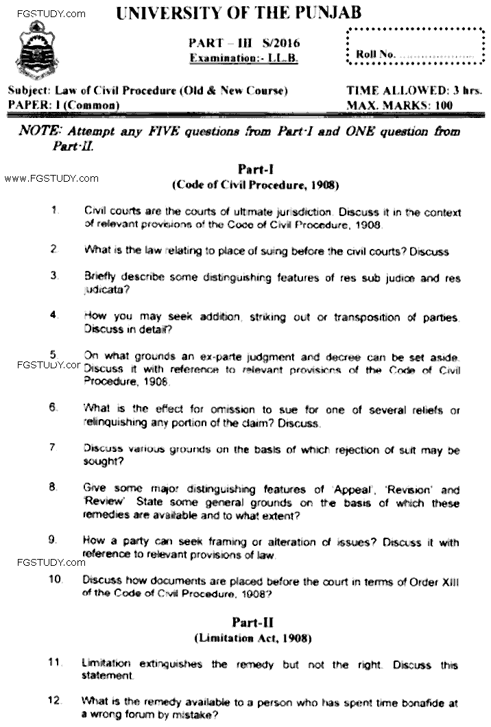 LLB Part 3 Law Of Civil Procedure Past Paper 2016 Punjab University