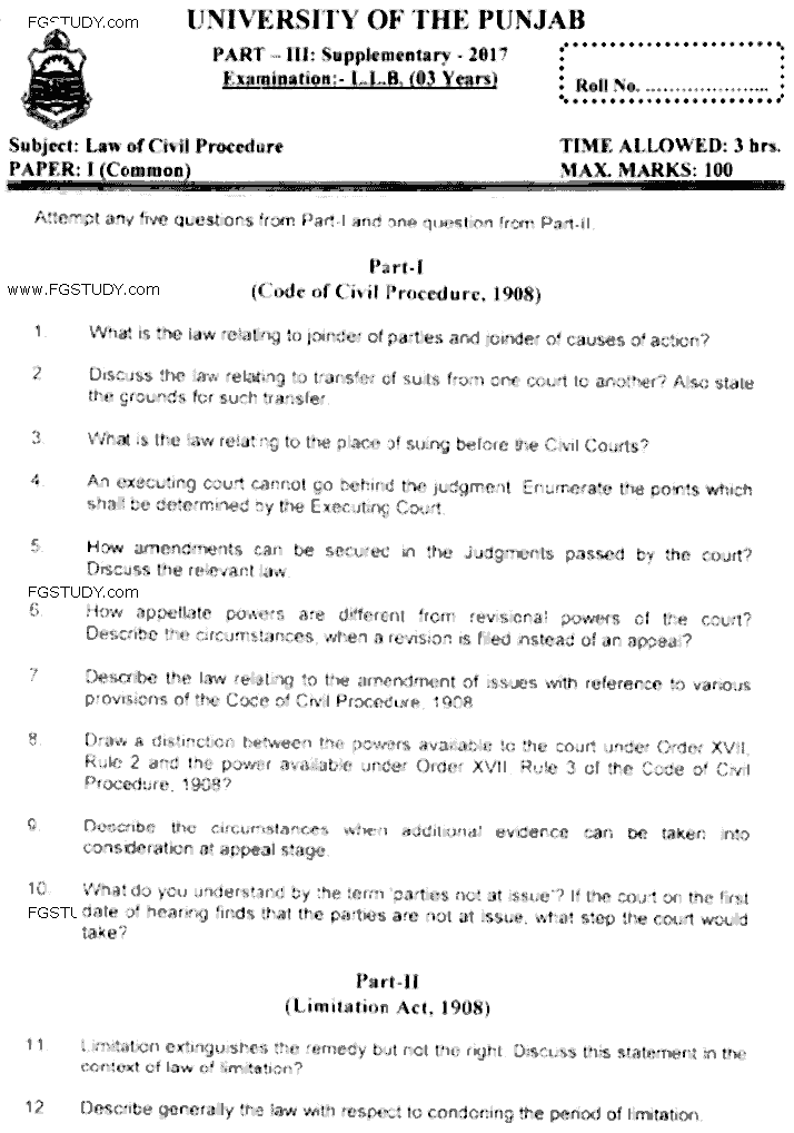LLB Part 3 Law Of Civil Procedure Past Paper 2017 Punjab University