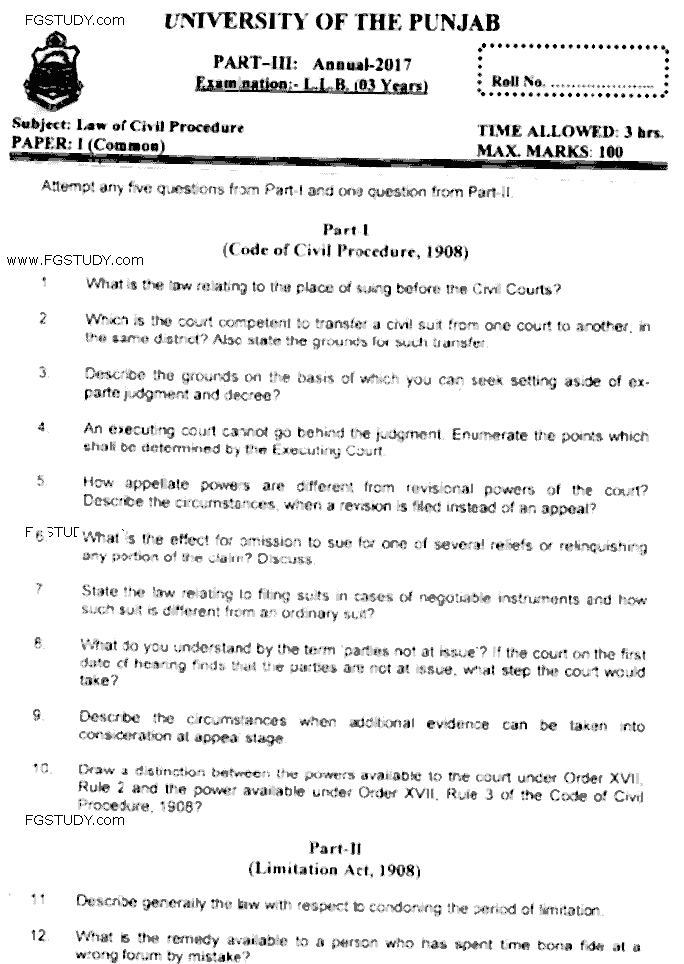 LLB Part 3 Law Of Civil Procedure Past Paper 2017 Punjab University