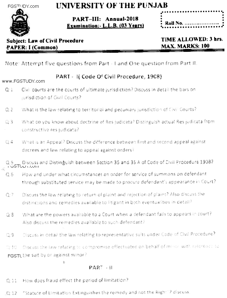LLB Part 3 Law Of Civil Procedure Past Paper 2018 Punjab University