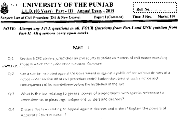 LLB Part 3 Law Of Civil Procedure Past Paper 2019 Punjab University
