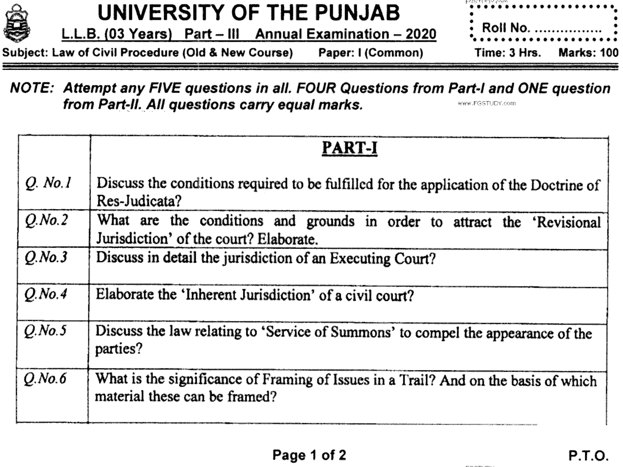 LLB Part 3 Law Of Civil Procedure Past Paper 2020 Punjab University