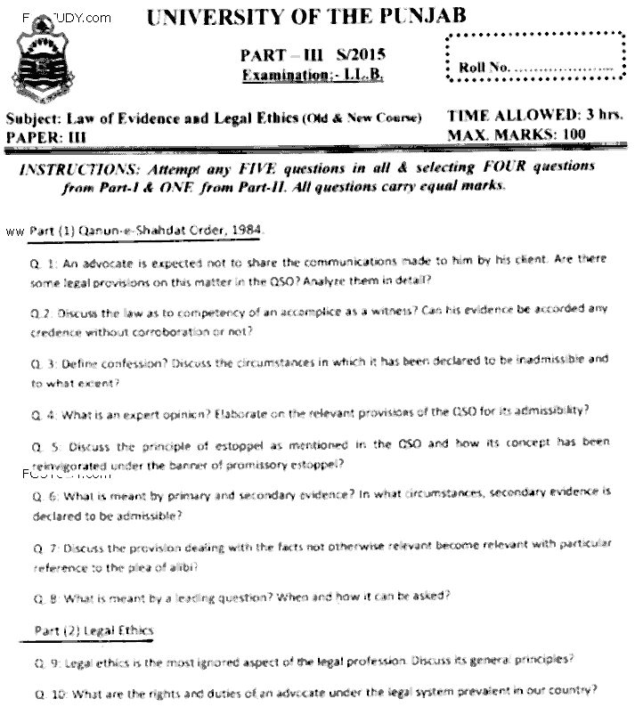LLB Part 3 Law Of Evidence Legal Ethics Past Paper 2015 Punjab University