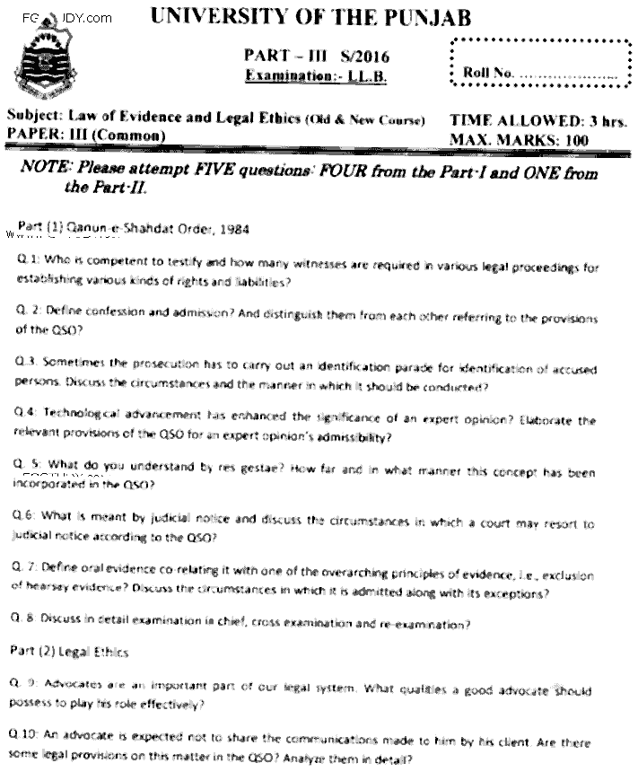 LLB Part 3 Law Of Evidence Legal Ethics Past Paper 2016 Punjab University