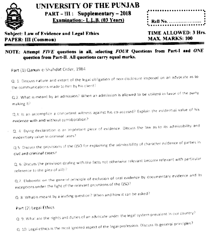 LLB Part 3 Law Of Evidence Legal Ethics Past Paper 2018 Punjab University