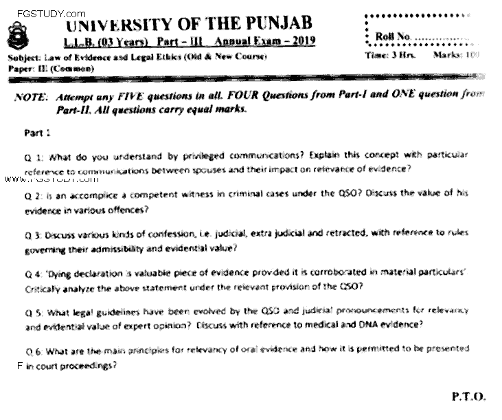 LLB Part 3 Law Of Evidence Legal Ethics Past Paper 2019 Punjab University