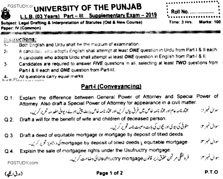 LLB Part 3 Legal Drafting Interpretation Of Statutes Past Paper 2019 Punjab University