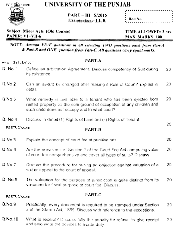 LLB Part 3 Minor Acts Past Paper 2015 Punjab University