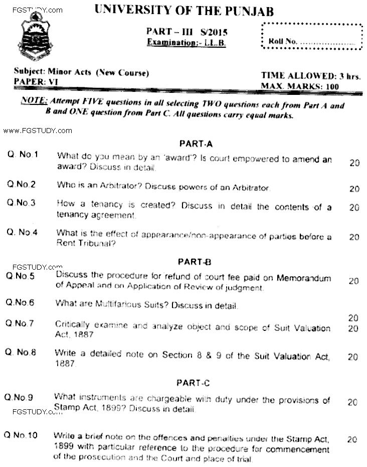 LLB Part 3 Minor Acts Past Paper 2015 Punjab University
