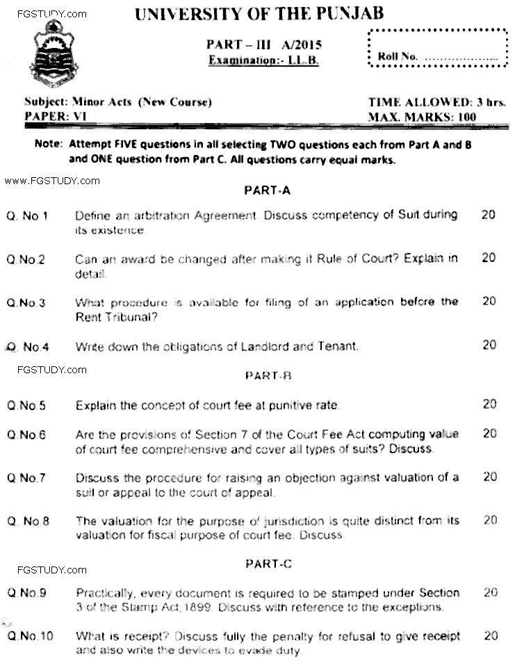 LLB Part 3 Minor Acts Past Paper 2015 Punjab University