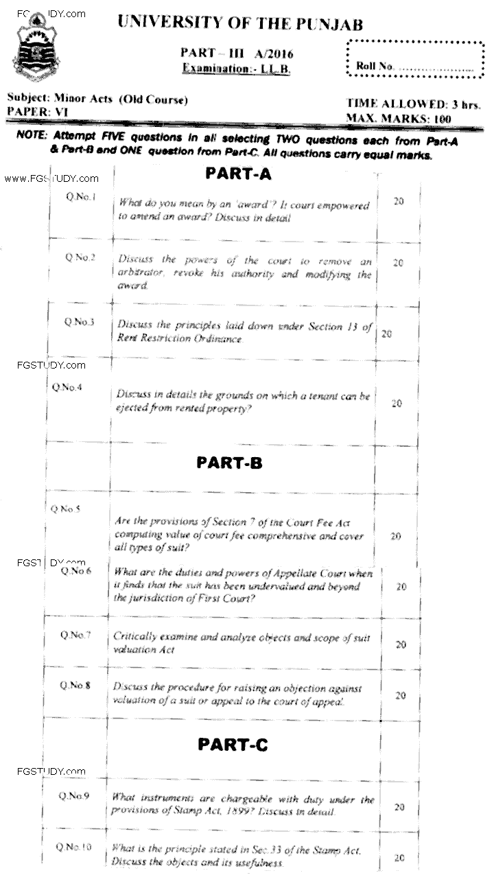 LLB Part 3 Minor Acts Past Paper 2016 Punjab University