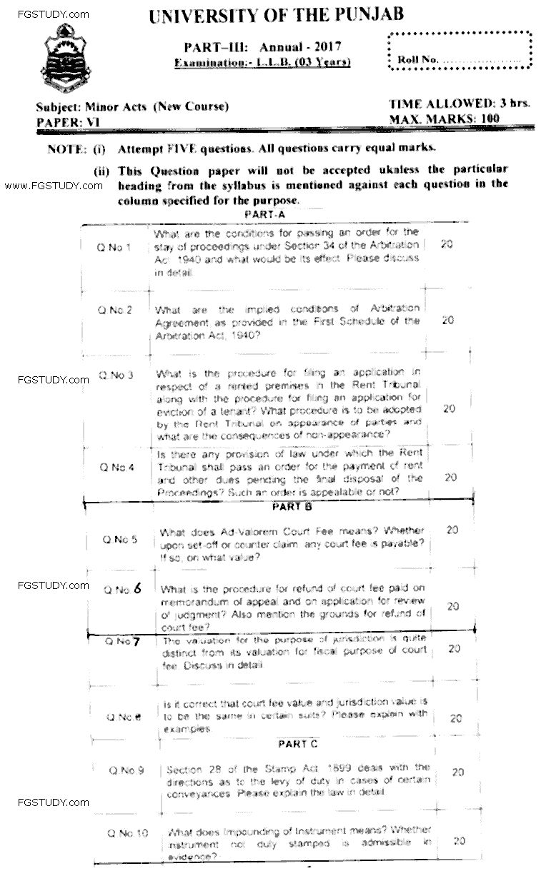 LLB Part 3 Minor Acts Past Paper 2017 Punjab University