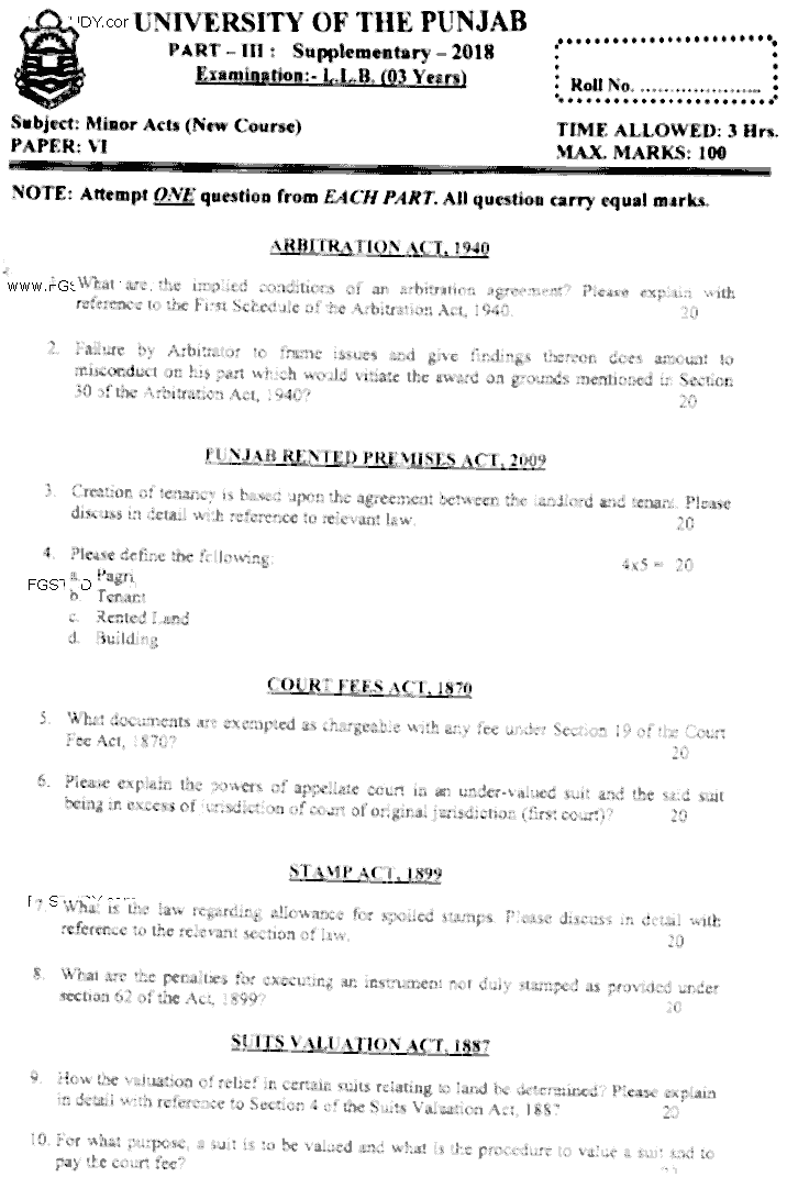 LLB Part 3 Minor Acts Past Paper 2018 Punjab University