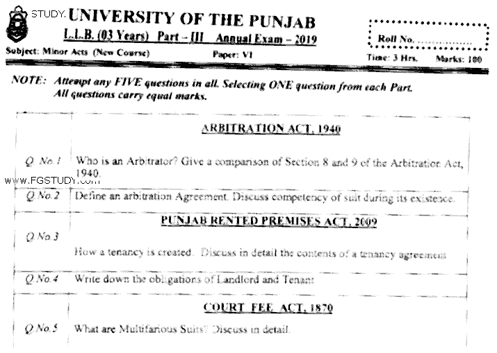 LLB Part 3 Minor Acts Past Paper 2019 Punjab University