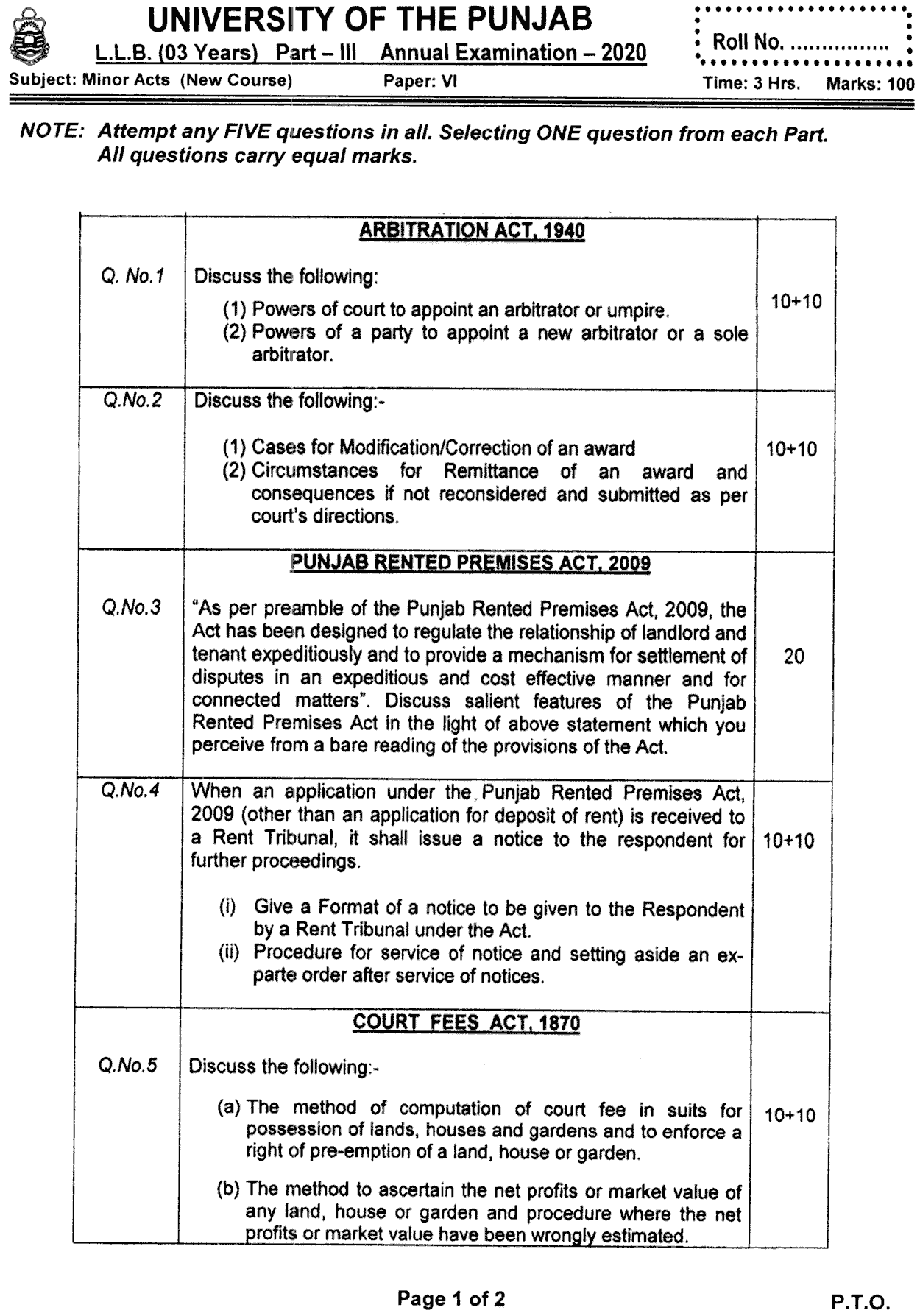 LLB Part 3 Minor Acts Past Paper 2020 Punjab University