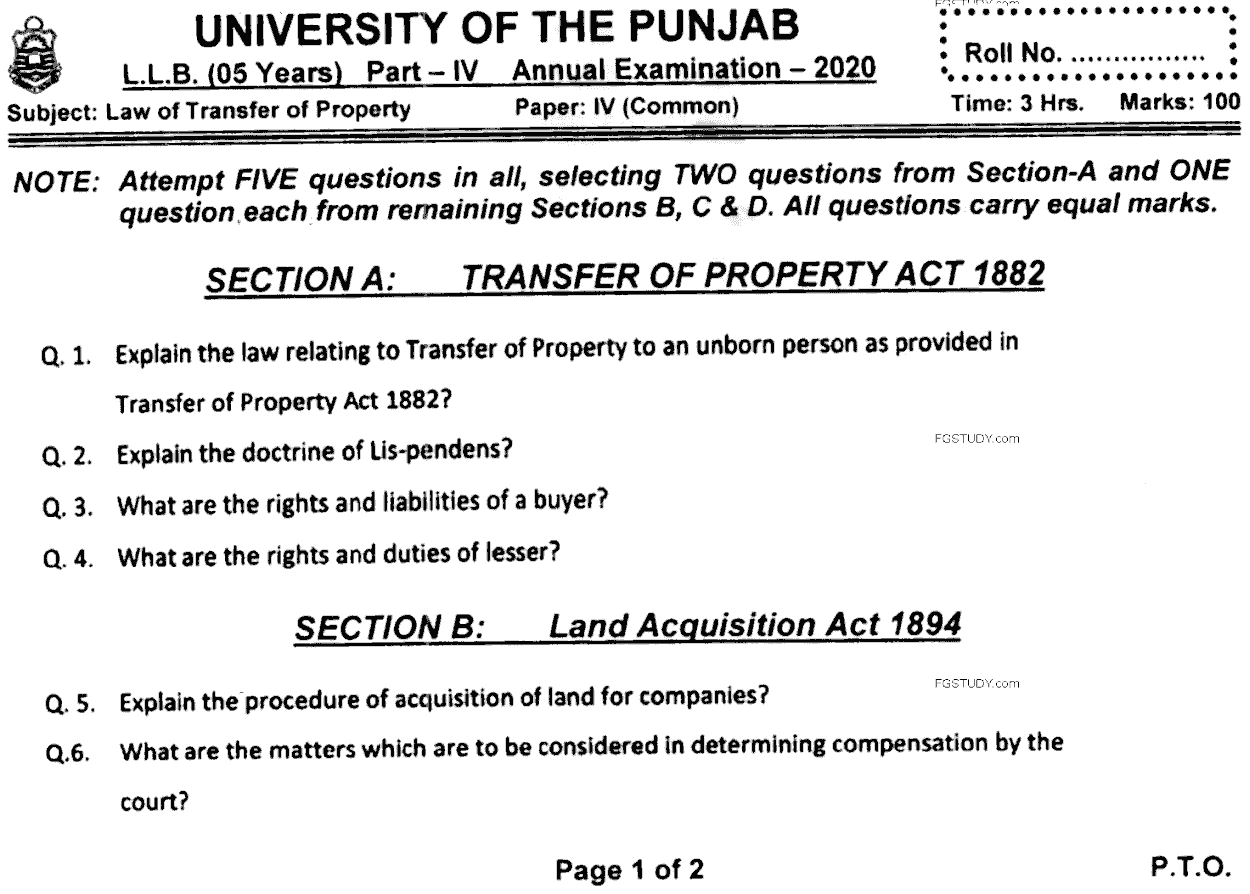 LLB Part 4 Law Of Transfer Of Property Past Paper 2020 Punjab University