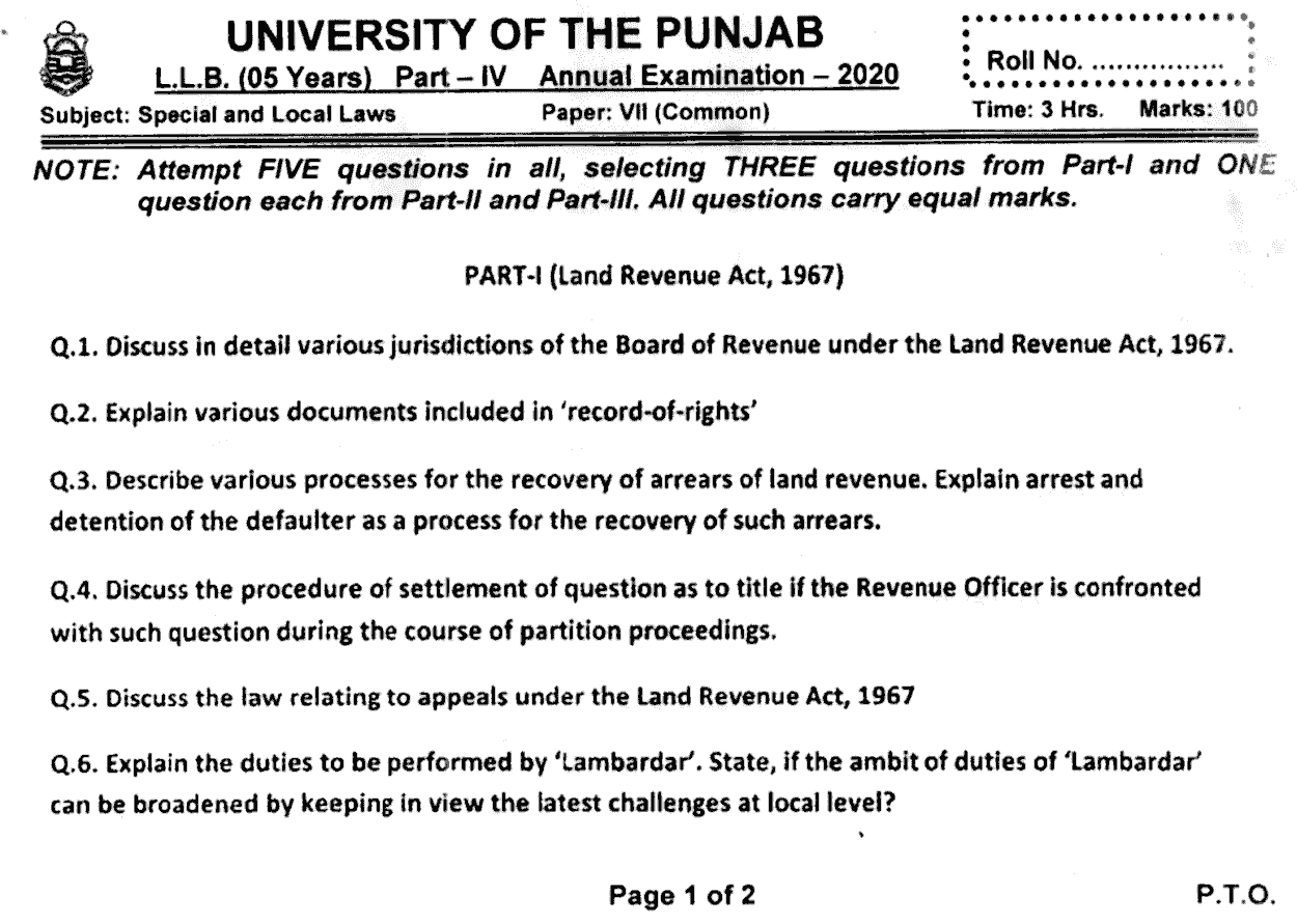 LLB Part 4 Special Local Laws Past Paper 2020 Punjab University