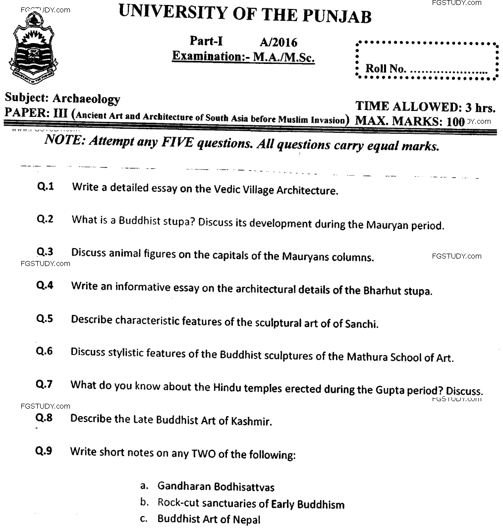 MA Part 1 Archaeology Ancient Art And Architecture Of South Asia Before Muslim Invasion Past Paper 2016 Punjab University