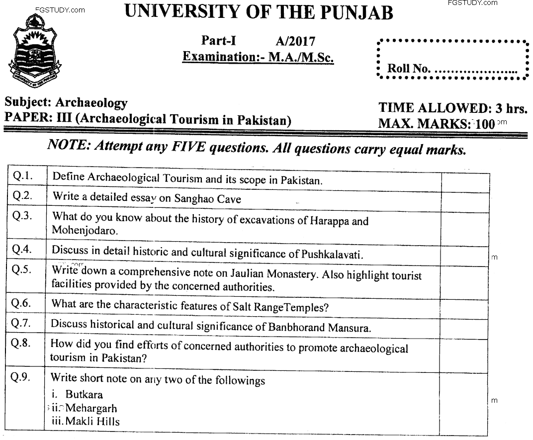 MA Part 1 Archaeology Archaeology Tourism In Pakistan Past Paper 2017 Punjab University
